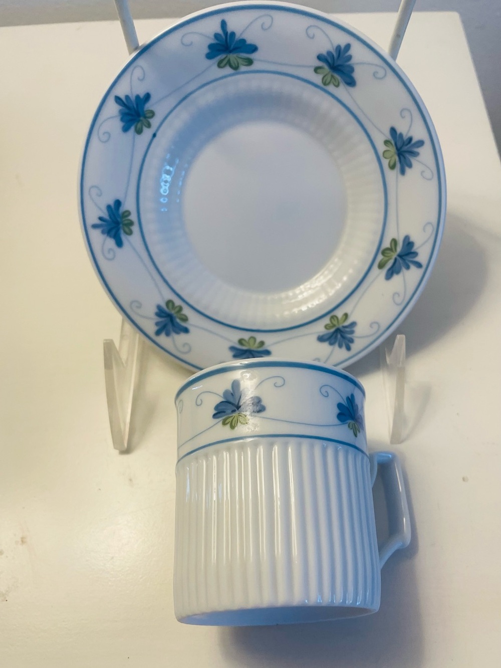 Hollohaza Hungary Demitasse Cup & Saucer  Blue and White Design  Vintage EUC